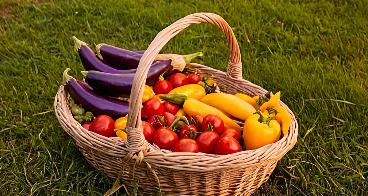 Gemüsegarten im Juli – reiche Ernte von Tomaten und Zucchini