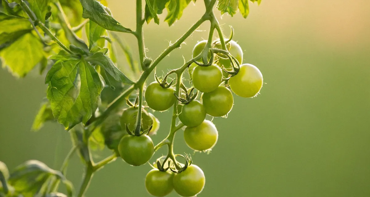 Junge Tomatenpflanze mit ersten grünen Früchten