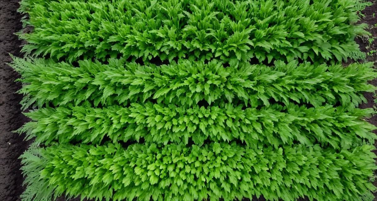 Möhrengrün in Reihen von oben betrachtet