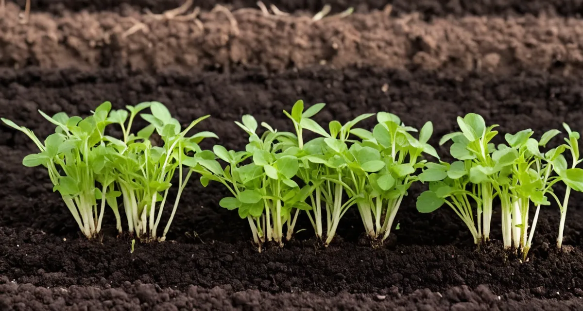 Radieschen-Sämlinge in einer Reihe im Beet
