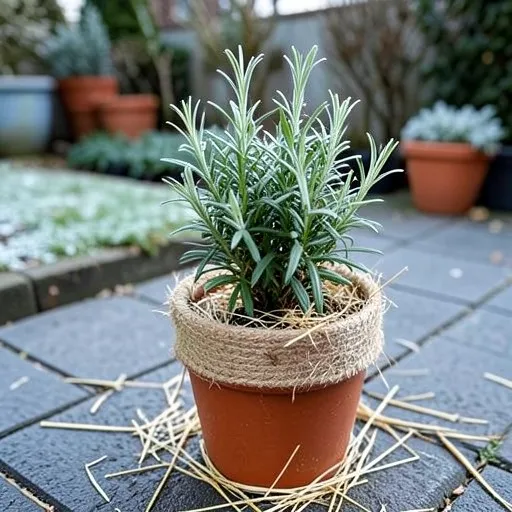 Rosmarin wird für den Winter mit Vlies geschützt