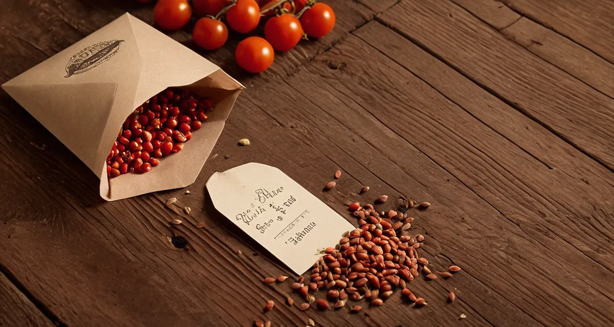 Geöffneter Samentüte mit Tomatensamen auf Holz