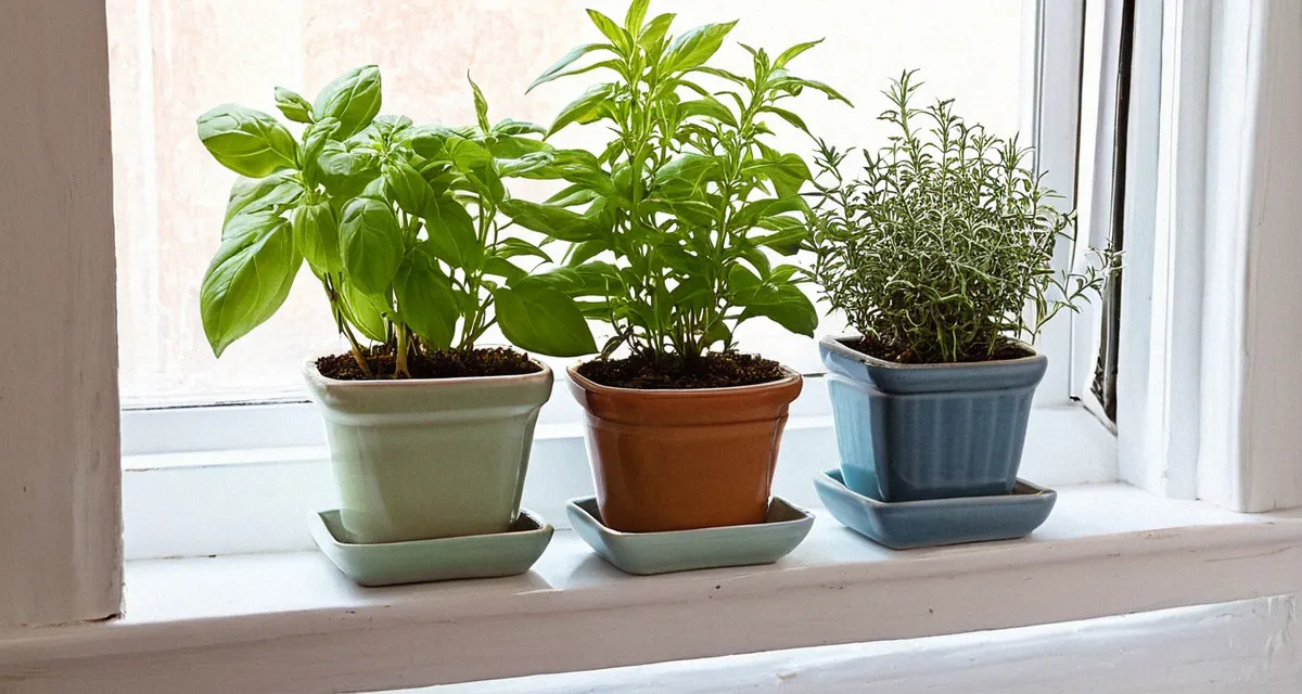 Kräutertöpfe auf einem schmalen Regal am Fenster