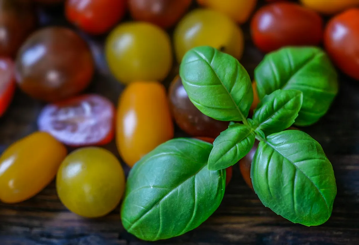 Tomaten und Basilikum wachsen gemeinsam im Beet