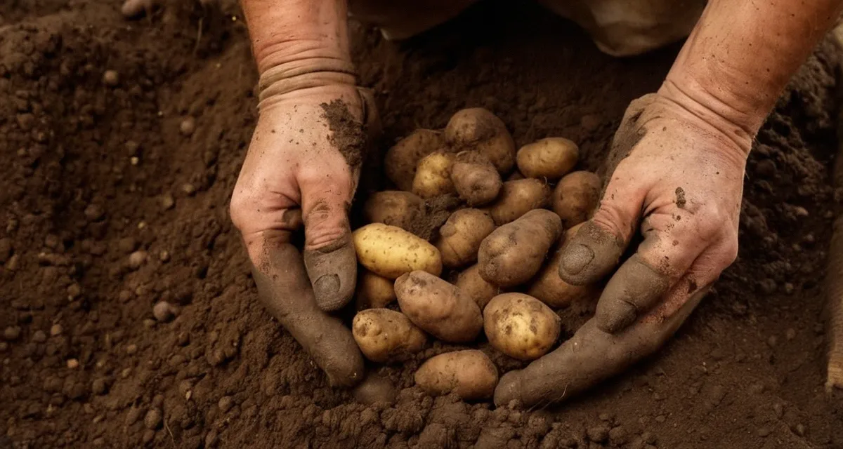 Frisch geerntete Kartoffeln im Garten – Ernte im Sommer