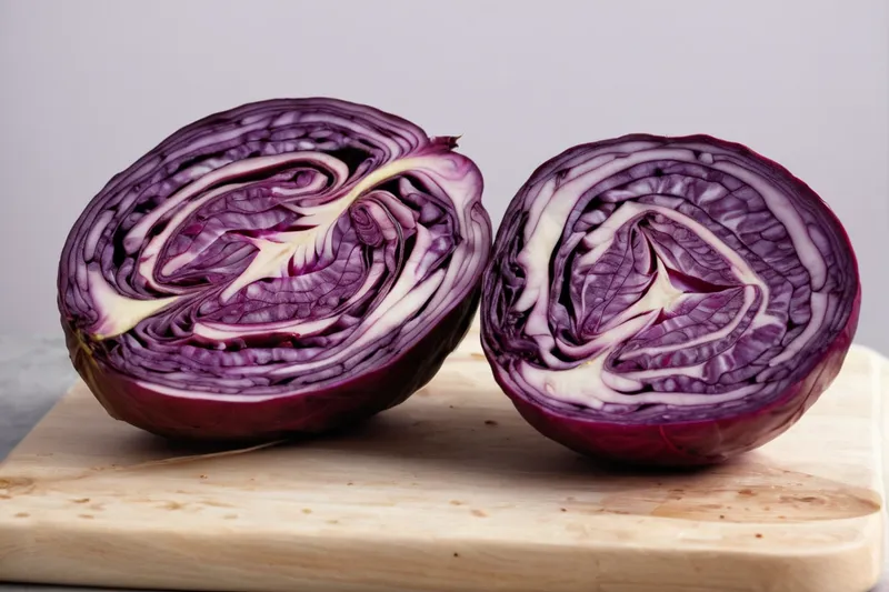 Rotkohl aufgeschnitten zeigt die charakteristischen violetten Ringe auf weißem Holzuntergrund