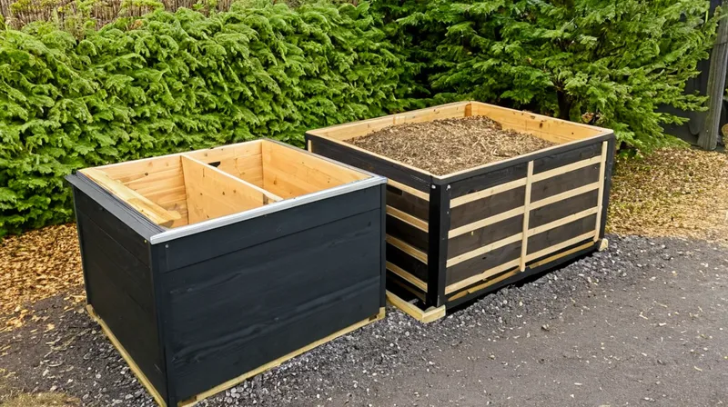 Verschiedene Kompostsysteme nebeneinander: offener Haufen, Holzbox, Kunststoffbehälter