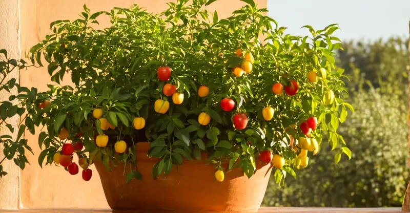 Paprika-Pflanze mit roten und gelben Früchten auf sonniger Terrasse im Topf