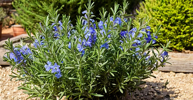 Rosmarin-Pflanze mit blauen Blüten auf sonnigem Hochbeet