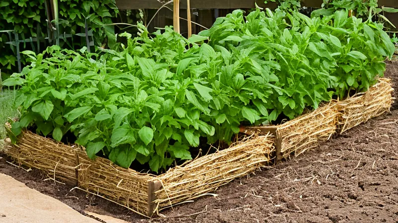 Tomatenpflanzen mit Strohmulch am Boden, der Spritzwasser von unten abfängt
