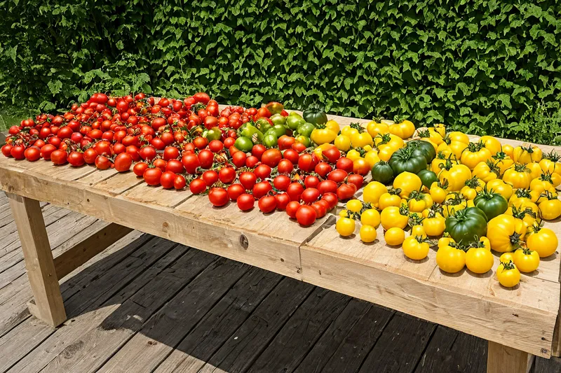 Reife Tomaten in verschiedenen Farben im Freiland im Spätsommer