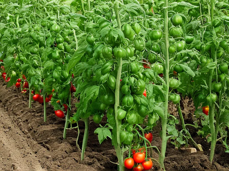 Tomatenpflanzen mit Früchten in verschiedenen Reifestadien: von grün über Übergang zu vollständig rot reif, zeitliche Abfolge