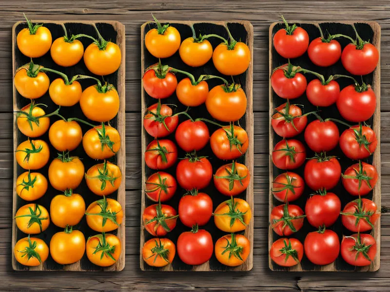 Verschiedene Tomatensorten nebeneinander: Farbtöne von rot über orange und gelb bis dunkelrot, unterschiedliche Größen und Formen